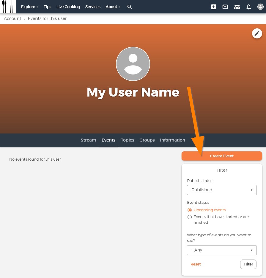 Create event from your profile